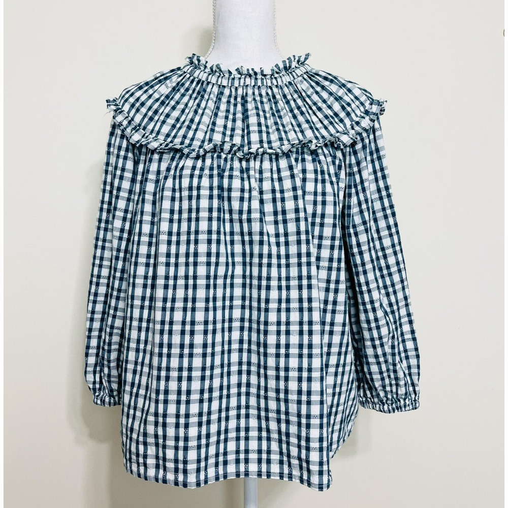 Universal Threads Blouse Teal White Gingham Ruffle Long Sleeve High Neck,(LARGE)